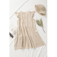 Beige Short Ruffled Sleeve V Neck Tiered Gathered Dress