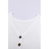 White V Neck Striped Pattern Knit Tank Top with Buttons