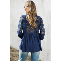 Blue V Neckline Lace Shoulder Patchwork Blouse