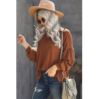 Brown Billowed Sleeve Thermal Knit Top