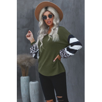 Green V Neck Leopard Stripe Splice Lantern Sleeve Top