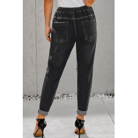 Black Gather Round Distressed Pocketed Denim Jogger