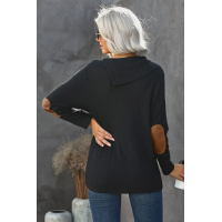 Black Buttoned Neck Knit Long Sleeves Top