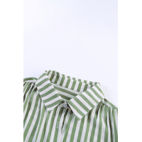 Green Short Sleeve Buttoned Striped Print Blouse