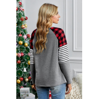 Gray Buffalo Plaid & Stripe Splicing Long Sleeve Top