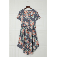 Gray Floral Print Short Sleeve Pleated Mini Dress