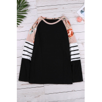 Black Striped Floral Long Sleeve Top