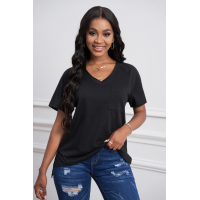 Black V Neck Short Sleeves Cotton Blend Tee with Front Pocket and Side Slits