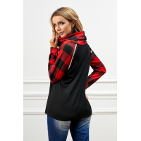 Black Cowl Neck Plaid Splice Casual Long Sleeve Top