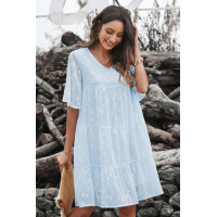 Sky Blue V Neck Tiered Babydoll Lace Dress