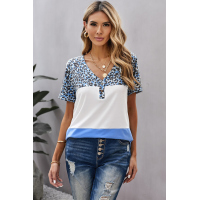 Casual Leopard Print Patchwork Color Block V Neck Top