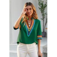 Green Ethnic Colorblock Short Sleeves Top