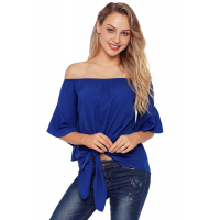 Blue Off The Shoulder Knot Front Top