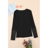 Black Crochet Lace Hem Sleeve Button Top