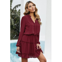 Wine V Neck Long Sleeve Ruffle Tiered Mini Dress