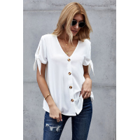 White Casual Tie Knot Short Sleeve V-Neck Button Chiffon Blouse