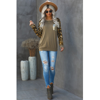 Round Neck Leopard Print Sequin Long Sleeve Top