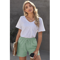 Green Elastic Waistband Pocket Drawstring Shorts with Button