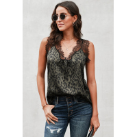 Hazel-green Leopard Print Contrast Lace Tank