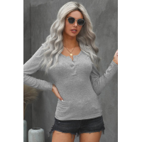 Gray Scoop Neck Buttoned Front Long Sleeve Knitted Top