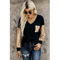 Sequin Splicing Black V Neck Bishop Sleeves Top