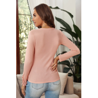 Pink Scoop Neck Button Closure Ribbed Long Sleeve Top