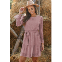 Pink Crew Neck Fuzzy Polka Dot Ruffled Mini Dress with Belt