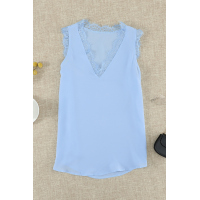 Sky Blue Sleeveless Eyelash Lace V Neck Tank Top