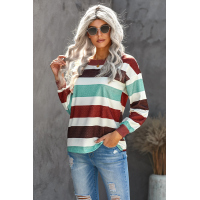 Brown One Shoulder Striped Color Block Lantern Long Sleeve Top