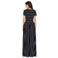 White Striped Black Short Sleeve Maxi Dress