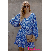 Blue V Neck Lantern Sleeves Floral Tunic Dress