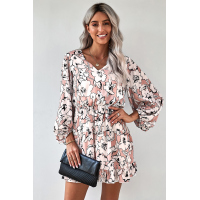 Apricot V Neck Lantern Sleeves Floral Tunic Dress