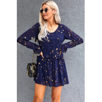 Blue Shimmer Ruffle V Neck Stars Print Long Sleeve Casual Short Dress