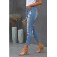 Light Blue Cut Out Distressed Ripped Pockets High Waisted Long Jeans