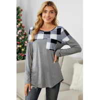 Black Buffalo Plaid Splicing Long Sleeve Top