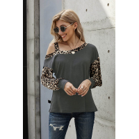 Gray Dew Shoulder Leopard Stitching Long-sleeved Blouse