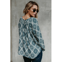 Blue Long Sleeve V Neck Printed Chiffon Blouse