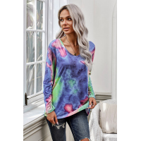 Blue Tie-dye V Neck Long Sleeves Top