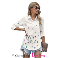 Apricot Butterfly Print Pocketed Shirt