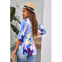 Sky Blue Tie Dye Button Tab-Sleeve V-Neck Blouse