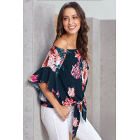 Blue Off Shoulder Floral Tie Front High Low Chiffon Blouse