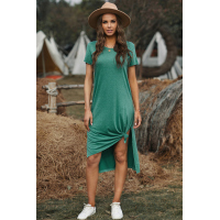 Green Casual Short Sleeve T-shirt Midi Dress with High Splits