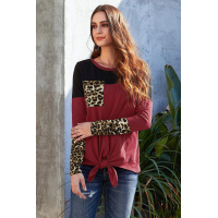 Red Color Block Splicing Leopard Printed Pocket Tie Blouse