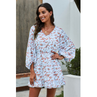 Sky Blue V Neck Lantern Sleeves Floral Tunic Dress