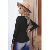 Black Scoop Neck Button Closure Ribbed Long Sleeve Top