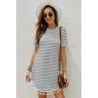 Crew Neck Striped T-shirt Mini Dress with Tassel