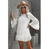 White O Neck Flare Sleeve Solid Color Hollow Out Mini Dress