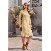 Khaki Hand Knitted High Neck Sweater Dress