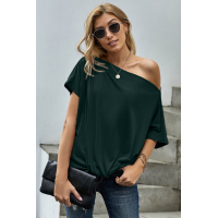 Green Off-The-Shoulder Slash Neck Casual Loose Fitting Top