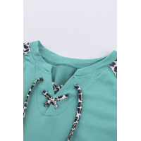 Green Leopard Patchwork Lace-up Front Long Sleeve Top